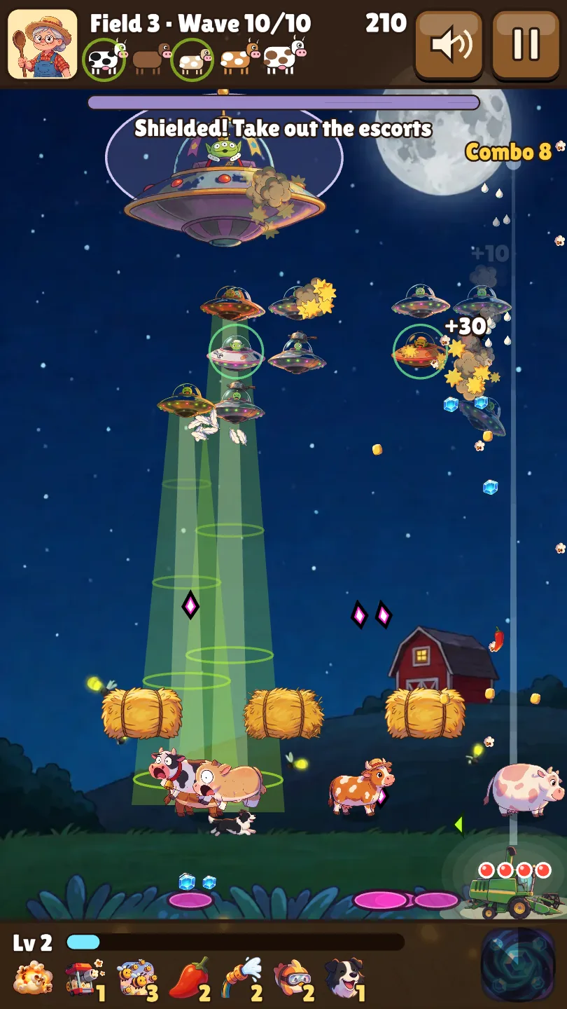 Field 3, wave 10: shoot the escorts, then the shield