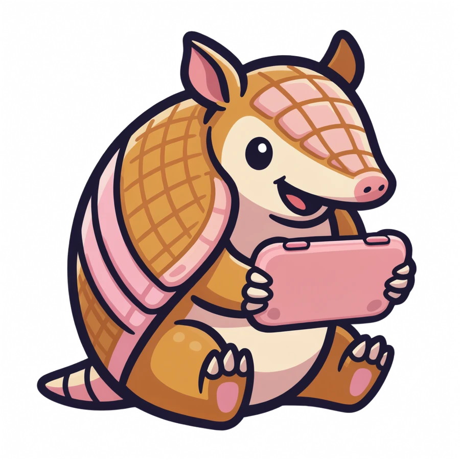 tatubit's mascot, a cartoon armadillo playing a pink handheld console, screen turned toward itself