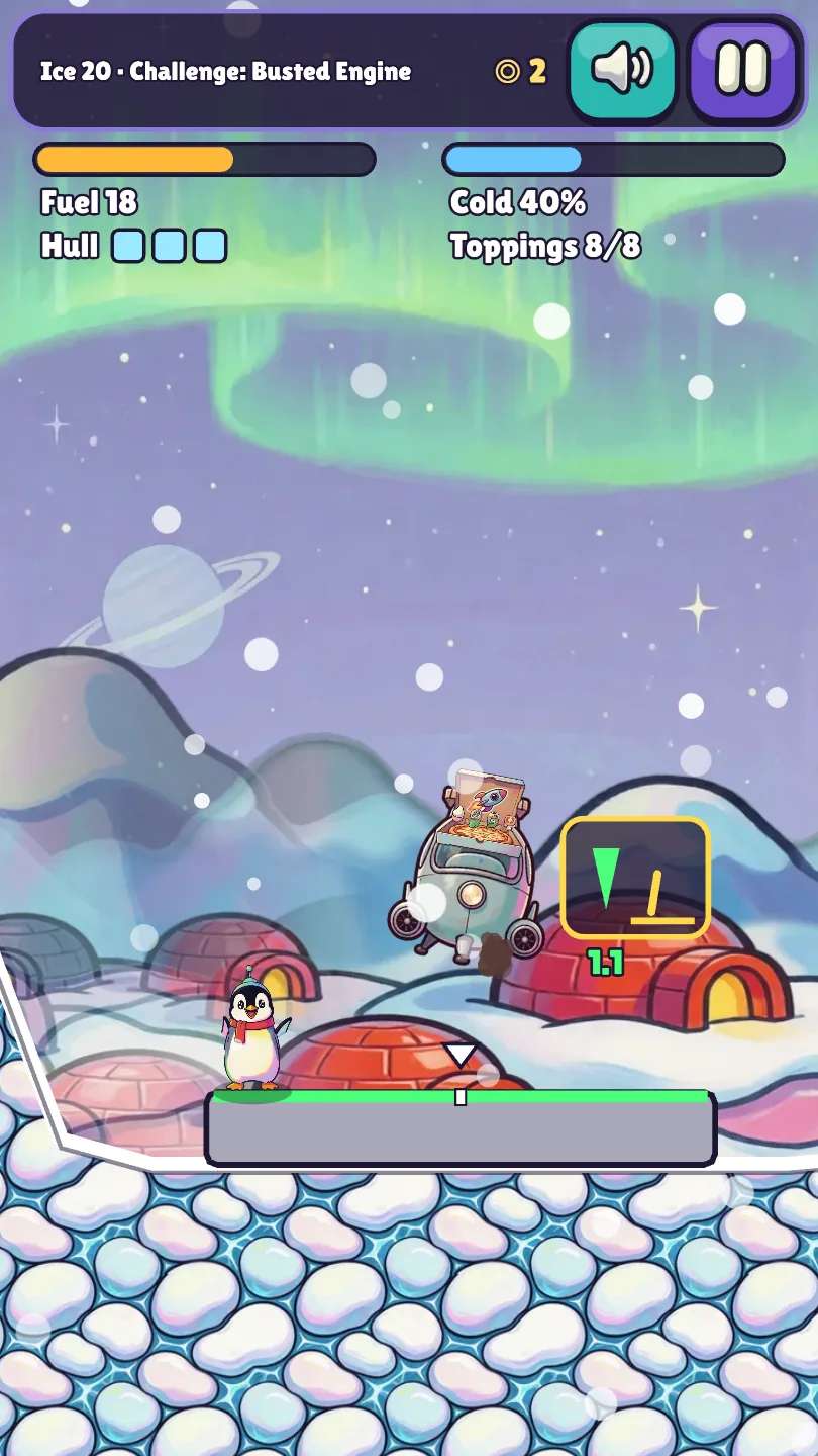 Busted engine over Frostland. The penguin is waiting.