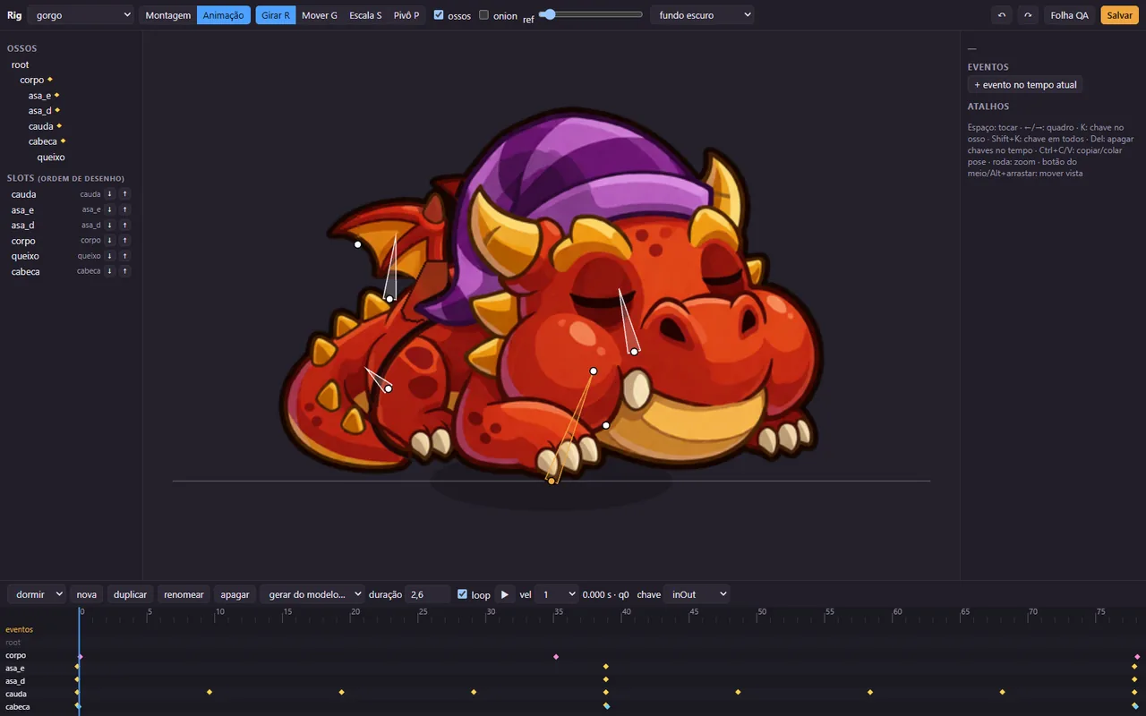 The rig editor with Gorgo loaded: his seven bones listed on the left, the pivots drawn on top of him, and the keys of his nap animation on the timeline below